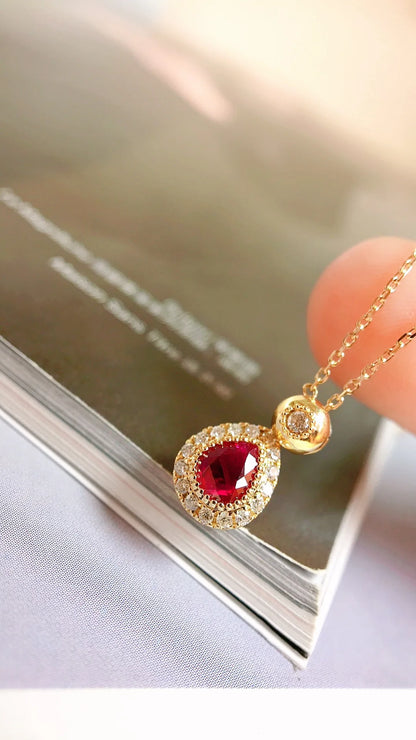 Necklace 18K Gold 0.40ct Red Ruby Diamonds Pendant Female's