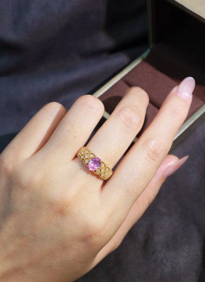 Ring 18K Gold 0.97ct Pink Sapphire Gemstones Diamonds Female Fine