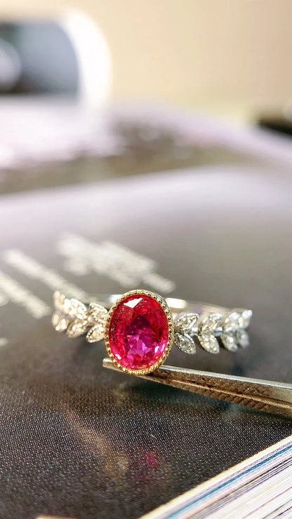 Ring 18K Gold 0.58ct Red Ruby Diamond Female Anniversary Fine Jewelry