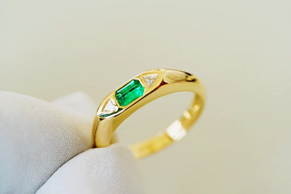 Ring 18K Gold 0.2ct Green Emerald Gemstones Male's Fine