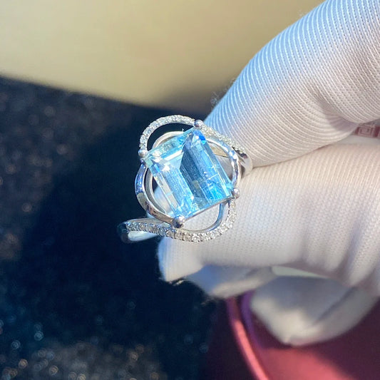 Ring 18K Gold 2.8ct Blue Aquamarine Gemstone Fine Female