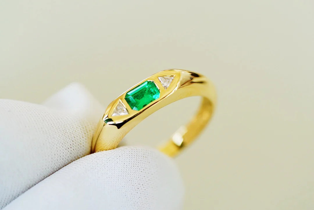 Ring 18K Gold 0.2ct Green Emerald Gemstones Male's Fine