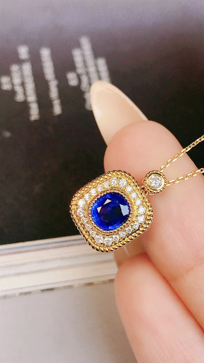 Necklace 18K Yellow Gold 0.90ct Blue Sapphire Diamonds Pendant Female's