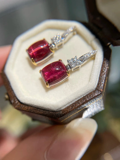 Earrings 18K Gold 3ct Red Tourmaline Diamonds Drop Female's Fine