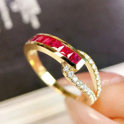 Ring 18K Gold 0.53ct Red Ruby Gemstones Diamonds Female Fine Jewelry