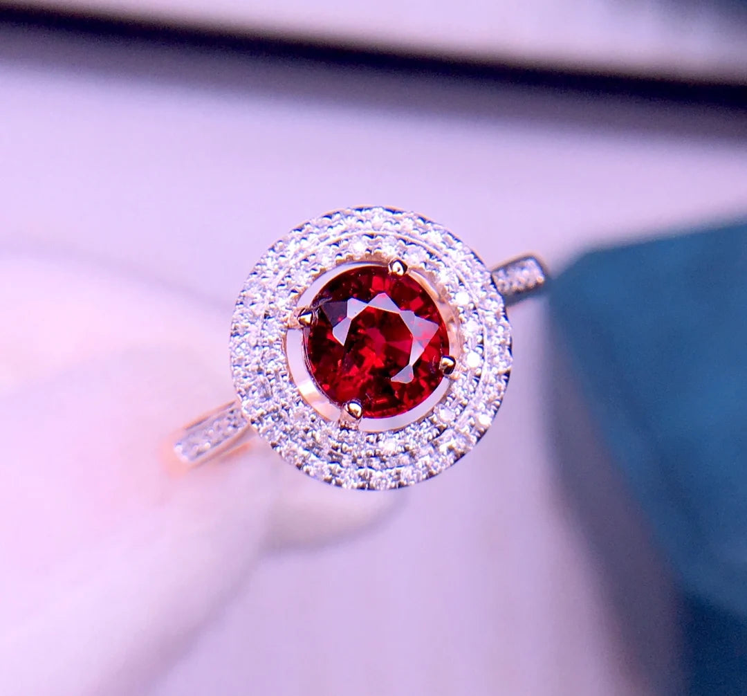 Ring 18K Gold 1ct Red Tourmaline Gemstones Diamonds Female's