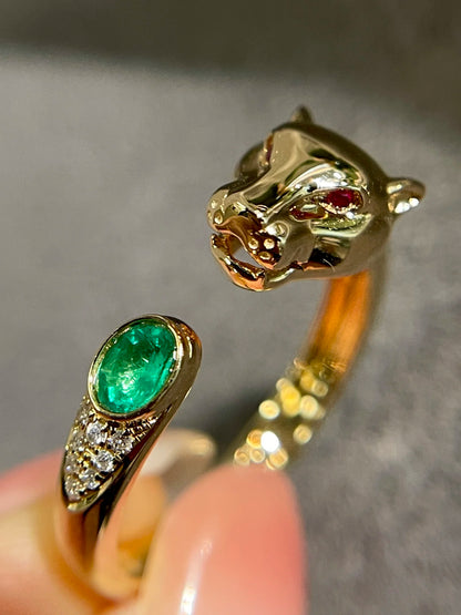 Ring 18K Gold 0.2ct Green Emerald Gemstones Diamonds Female's