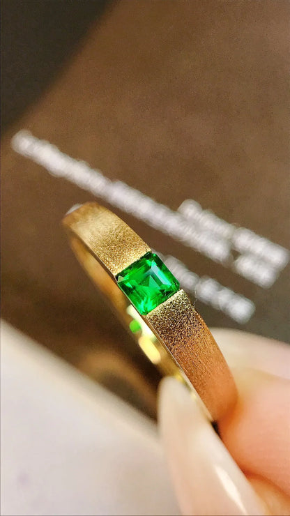 Ring 18K Gold 0.22ct Green Emerald Gemstones Male's