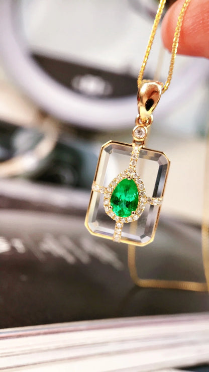 Pendant 18K Gold 0.37ct Green Emerald Gemstone Diamond Necklace for Women