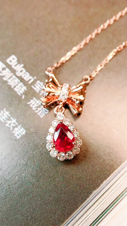 Necklace 18K Gold 0.34ct Red Ruby Diamonds Pendant Female's