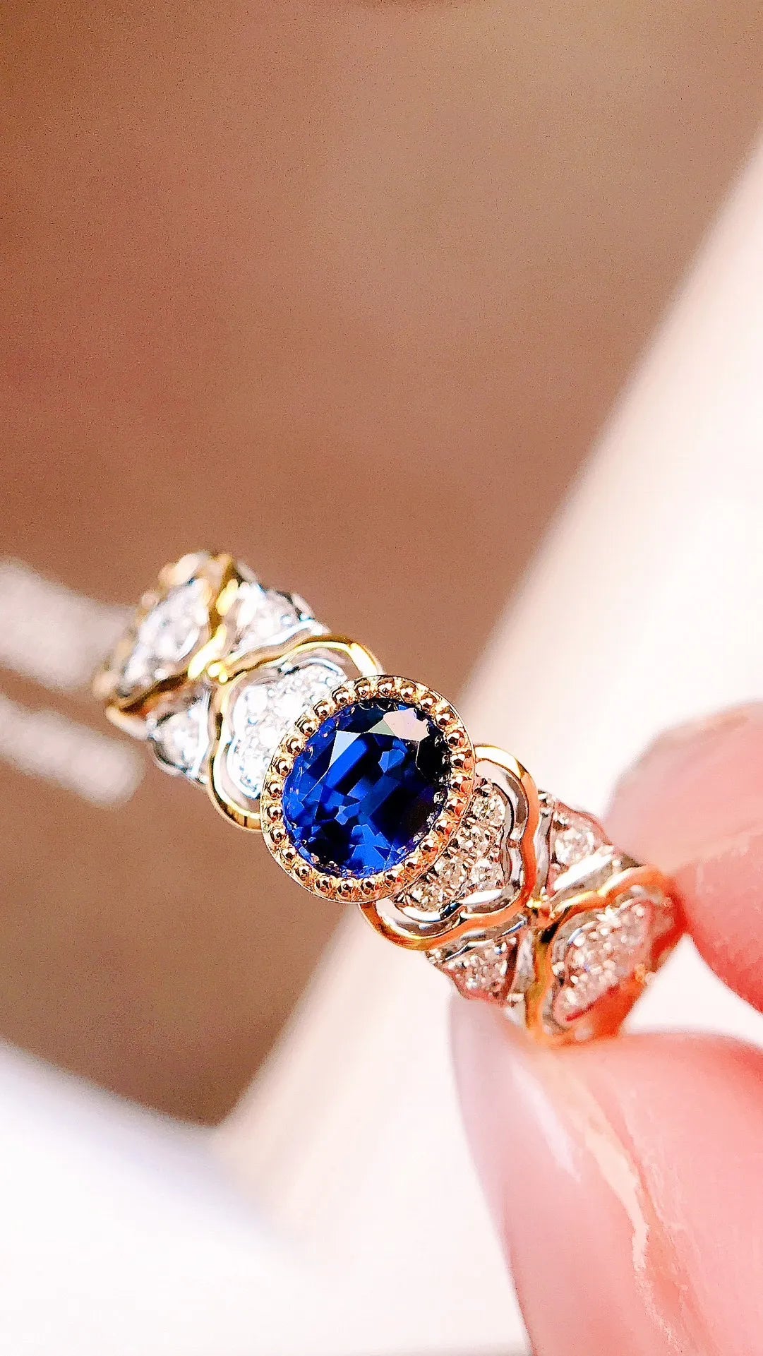 Ring 18K Gold 0.44ct Blue Sapphire Gemstones Diamonds Female