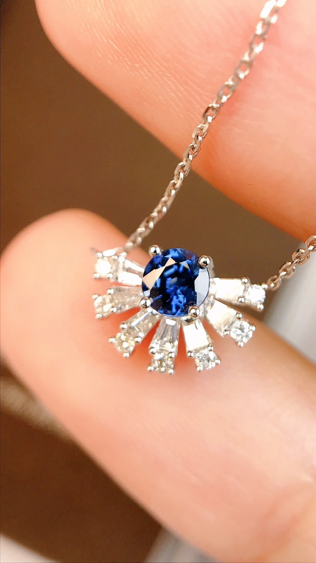 Necklace 18K White Gold 0.38ct Blue Sapphire Diamonds Pendant Female's