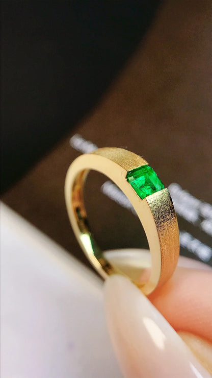 Ring 18K Gold 0.24ct Green Emerald Gemstones Male's