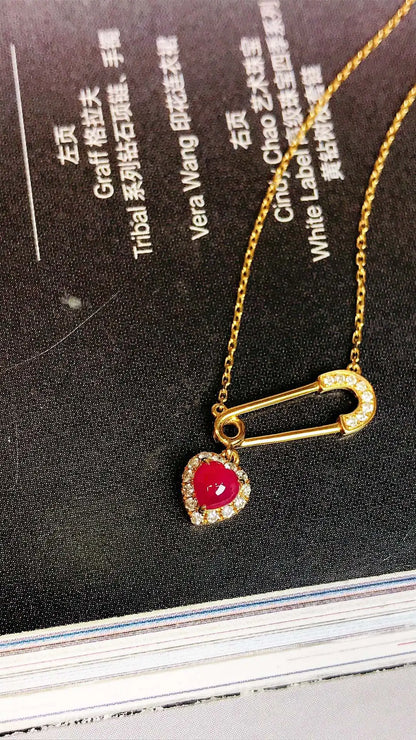 Necklace 18K Gold 0.34ct Red Ruby Diamonds Pendant Female's