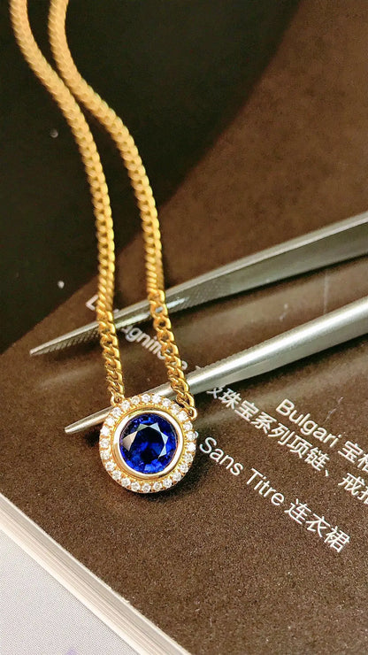 Necklace 18K Gold 0.75ct Blue Sapphire Diamonds Pendant Female's