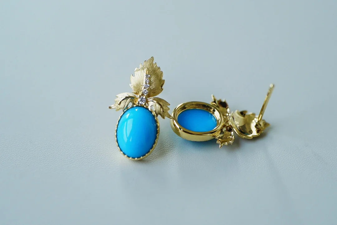 Earrings 18K Gold 8.7*6.7mm Blue Turquoise Drop Female's Fine