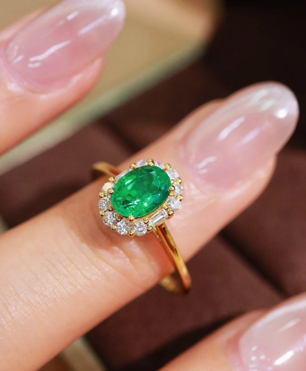 Ring 18K Gold 0.76ct Green Emerald Gemstones Diamonds Female's