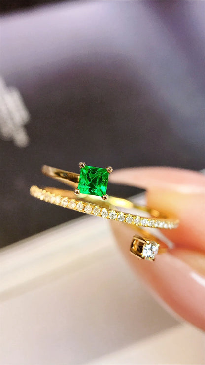 Ring 18K Gold 0.25ct Green Emerald Gemstones Diamonds Female's