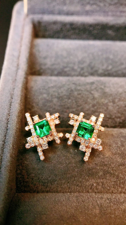 Earrings 18K Gold 0.50ct Green Emerald Diamonds Stud Female's Fine