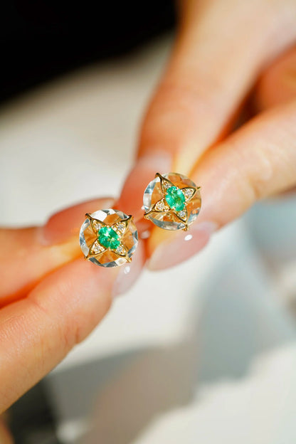 Earrings 18K Gold 0.3ct Green Emerald Diamonds Drop Female's Fine