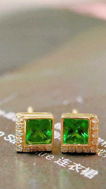 Earrings 18K Gold 0.44ct Tsavorite Gemstones Diamonds Stud Female's Fine