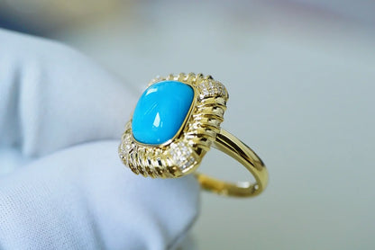 Ring 18K Gold 10.1*8mm Blue Turquoise Gemstones Diamonds Female Sporty