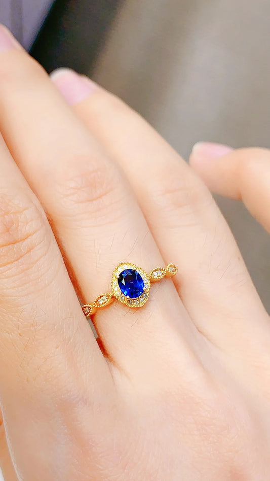 Ring 18K Yellow Gold 0.54ct Blue Sapphire Diamonds Female's