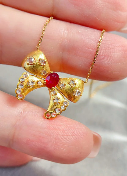 Necklace 18K Gold 0.3ct Red Ruby Diamonds Pendant Female's