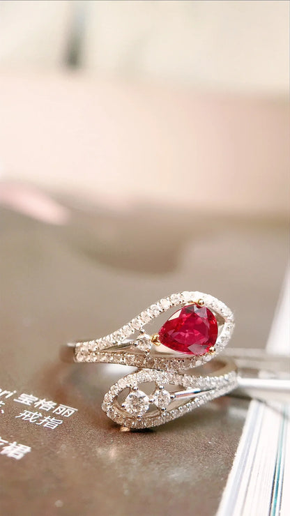 Ring 18K Gold 0.48ct Red Ruby Diamonds Anniversary Female's