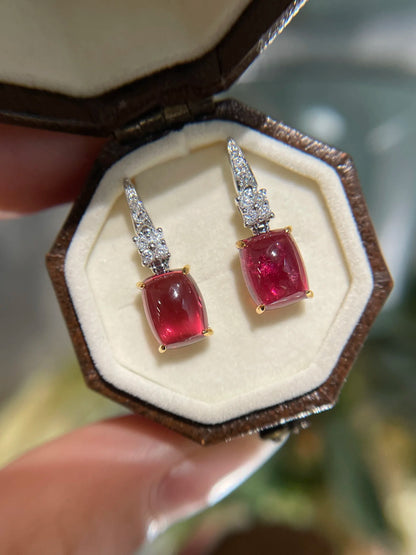 Earrings 18K Gold 3ct Red Tourmaline Diamonds Drop Female's Fine