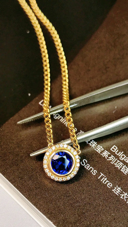 Necklace 18K Gold 0.75ct Blue Sapphire Diamonds Pendant Female's