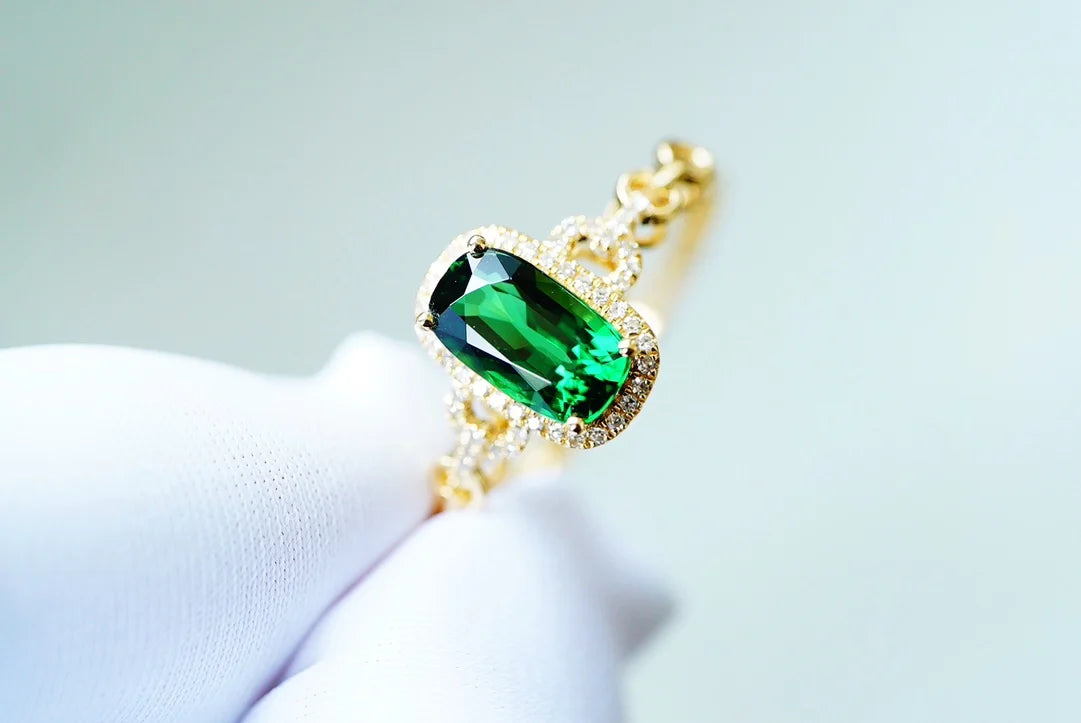 Ring 18K Gold 1.28ct Green Tourmaline Gemstones Male's Wedding Fine