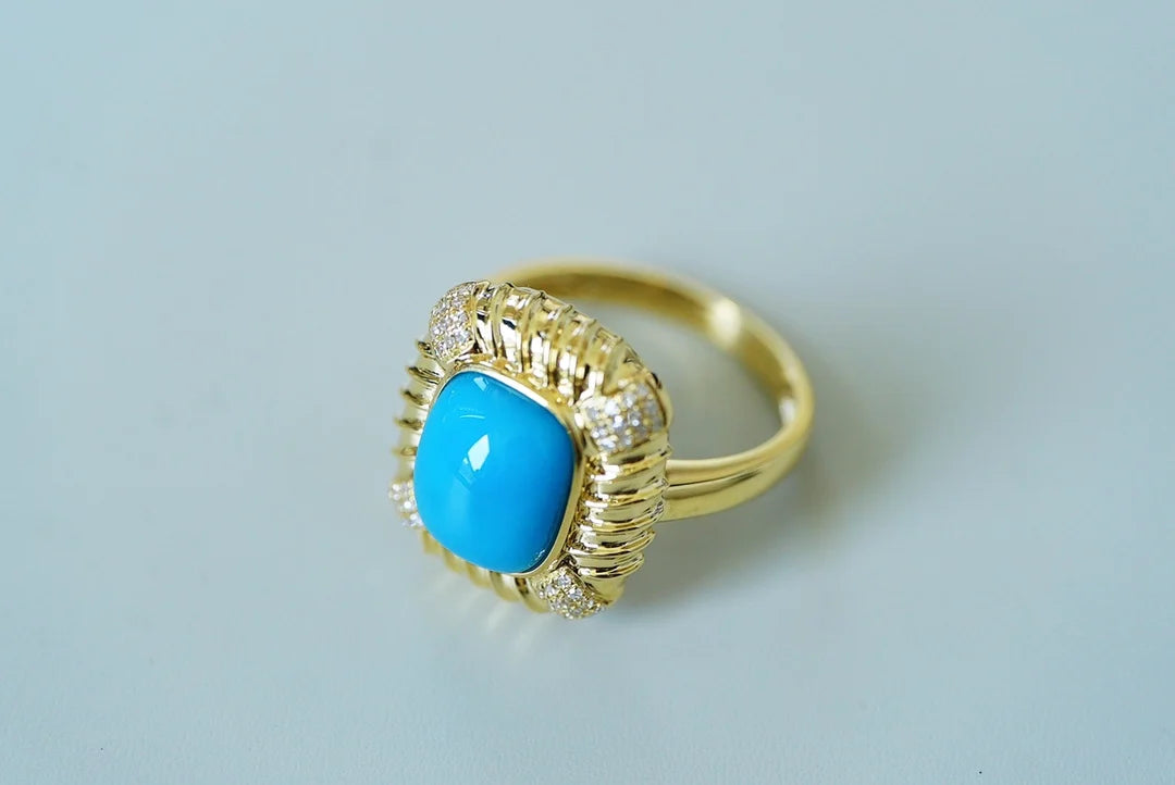 Ring 18K Gold 10.1*8mm Blue Turquoise Gemstones Diamonds Female Sporty