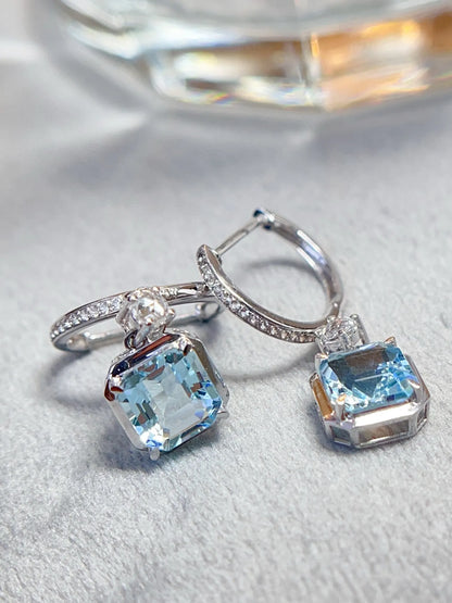 Earrings 18K White Gold 1.8ct Aquamarine Diamonds Gemstones Female's