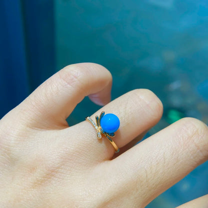 Ring 18K Gold Blue Turquoise Gemstones 7.1mm Diamonds Female