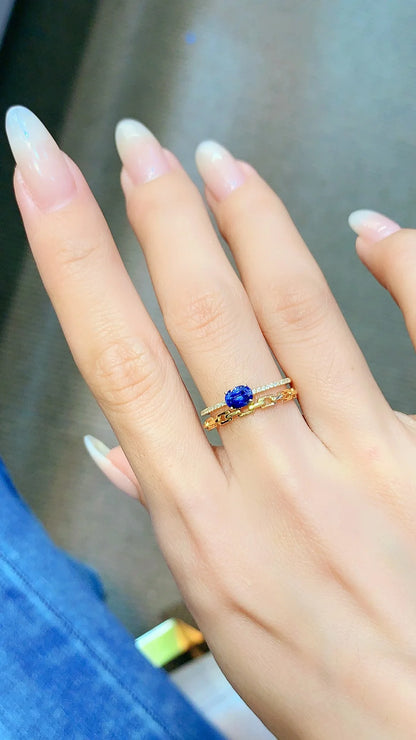 Ring 18K Gold 0.59ct Blue Sapphire Gemstone Diamonds Female's