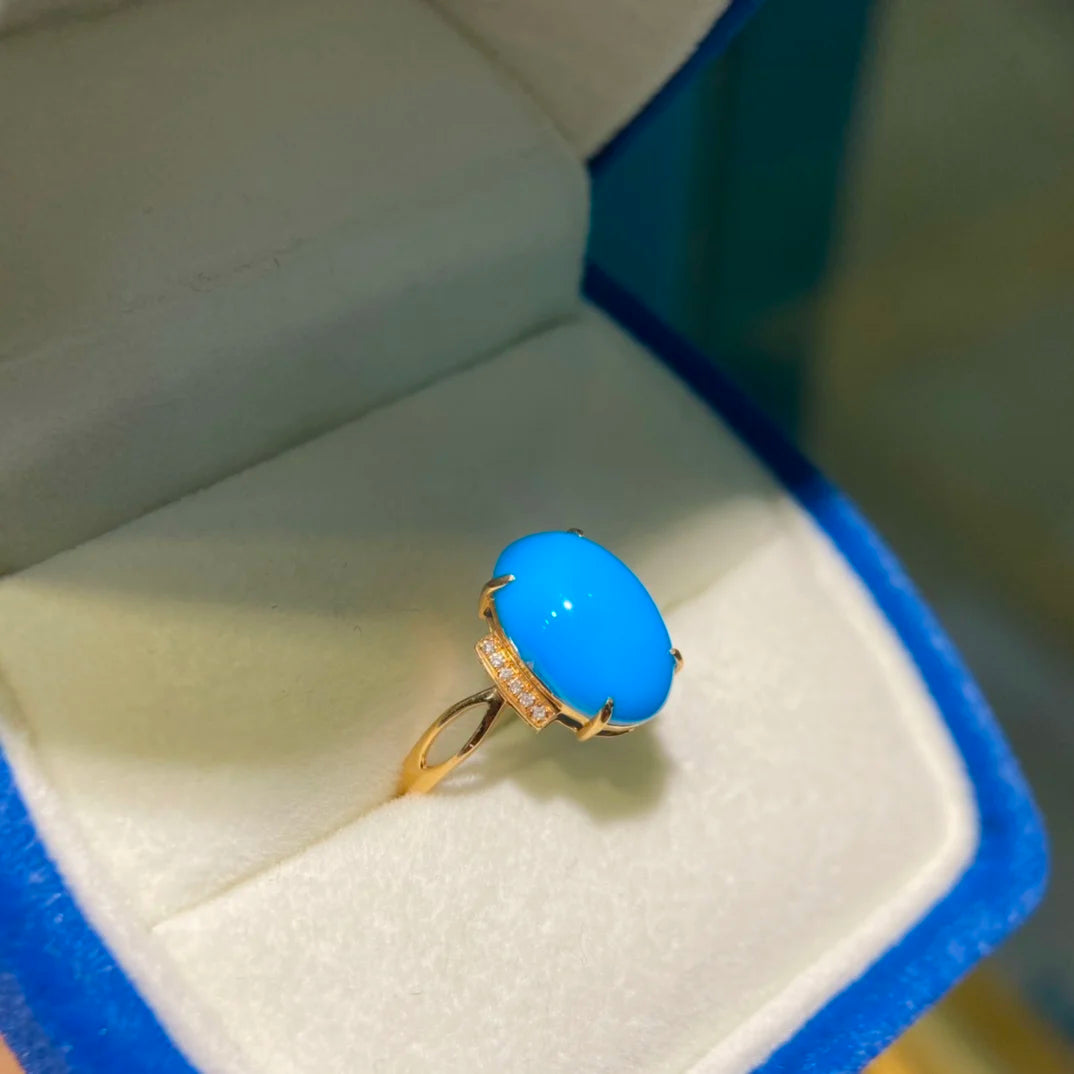 Ring 18K Gold 13*9.1mm Blue Turquoise Gemstones Diamonds Female Sporty