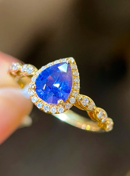 Ring 18K Gold 1.15ct Blue Sapphire Gemstones Diamonds Female's