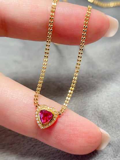 Necklace 18K Gold 0.6ct Red Ruby Diamonds Pendant Female's