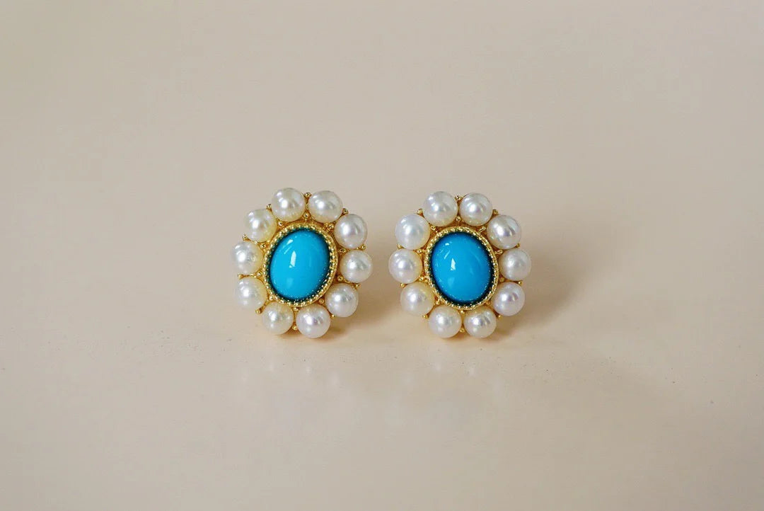 Earrings 18K Gold Turquoise Pearls Stud Female's Fine Gift