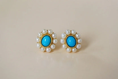 Earrings 18K Gold Turquoise Pearls Stud Female's Fine Gift