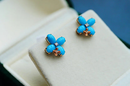 Earrings 18K Gold Blue Turquoise Tourmaline Stud Female's Holiday Gift