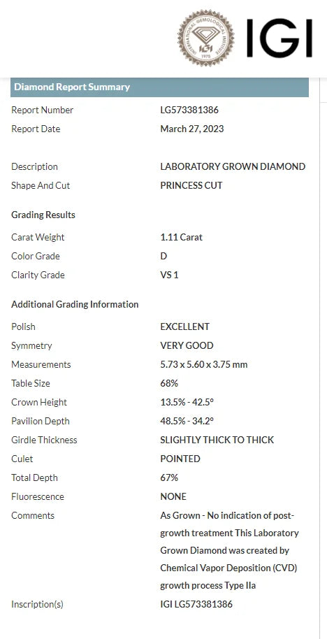 Ring 14K White Gold 3.0ct EF VS1 Princess Lab Diamond IGI Female