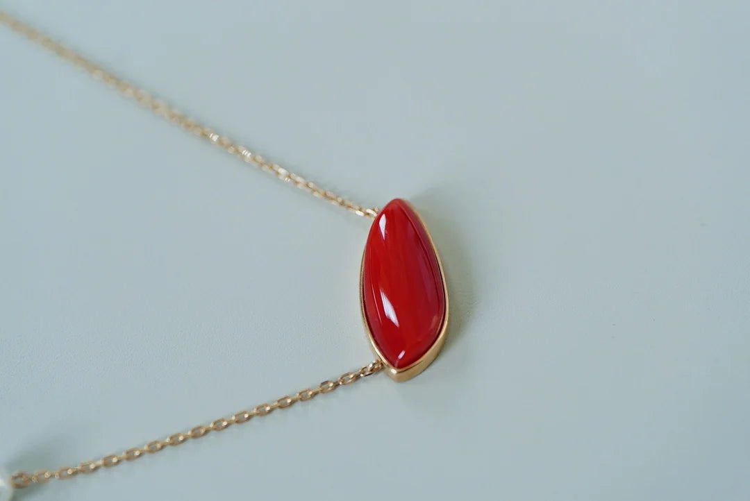 Necklace 18K Yellow Gold Red Coral Pendant Female's Fine Jewelry