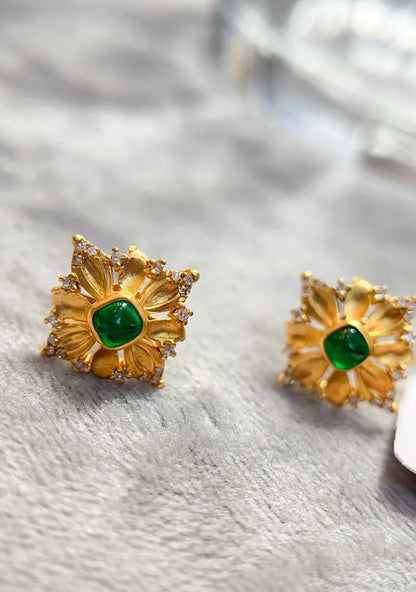 Earrings 18K Gold 0.33ct Green Emerald Gemstones Stud Female's Holiday