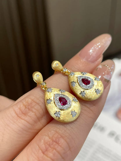 Earrings 18K Yellow Gold 0.3ct Red Ruby Gemstones Stud Female's Fine