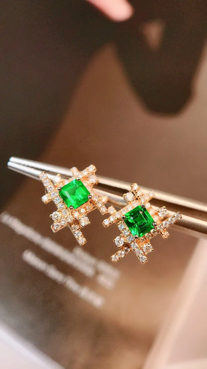 Earrings 18K Gold 0.50ct Green Emerald Diamonds Stud Female's Fine