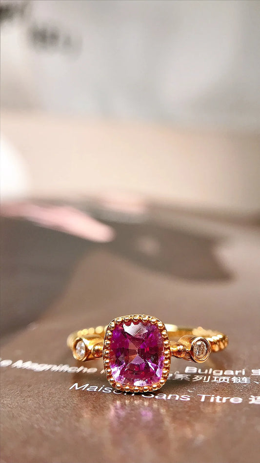 Ring 18K Gold 0.98ct Pink Sapphire Gemstones Diamonds Female Fine