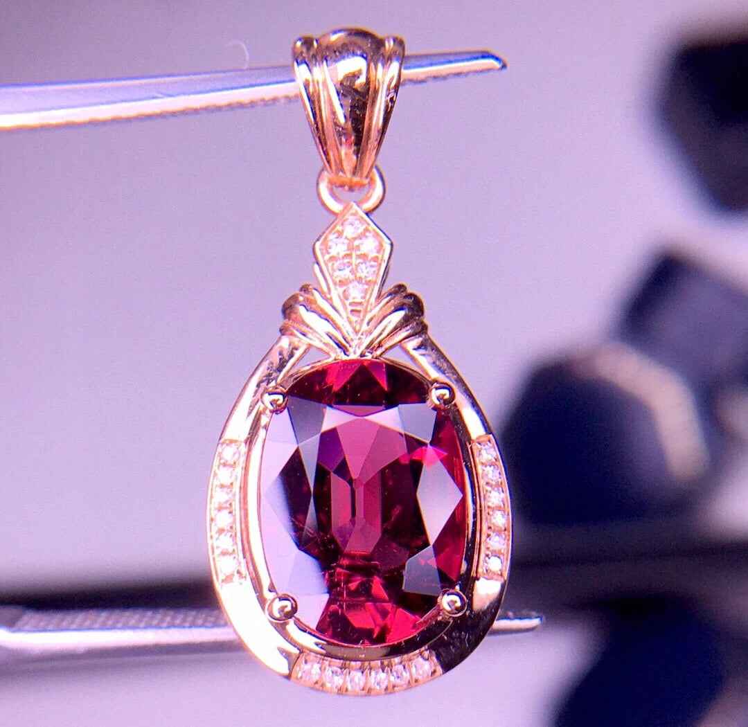 Pendant 18K Gold 3ct Red Tourmaline Gemstones Diamond Necklace