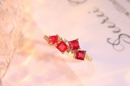 Ring 18K Gold 0.95ct Red Ruby Gemstones Diamonds Female Fine Jewelry